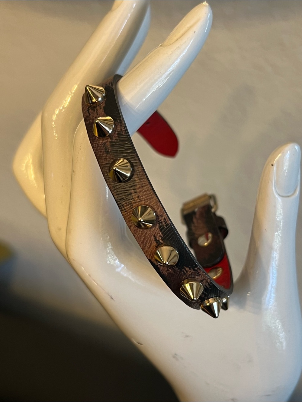 Christian Louboutin Brown Leather Bracelet with Gold Spikes and Red Interior